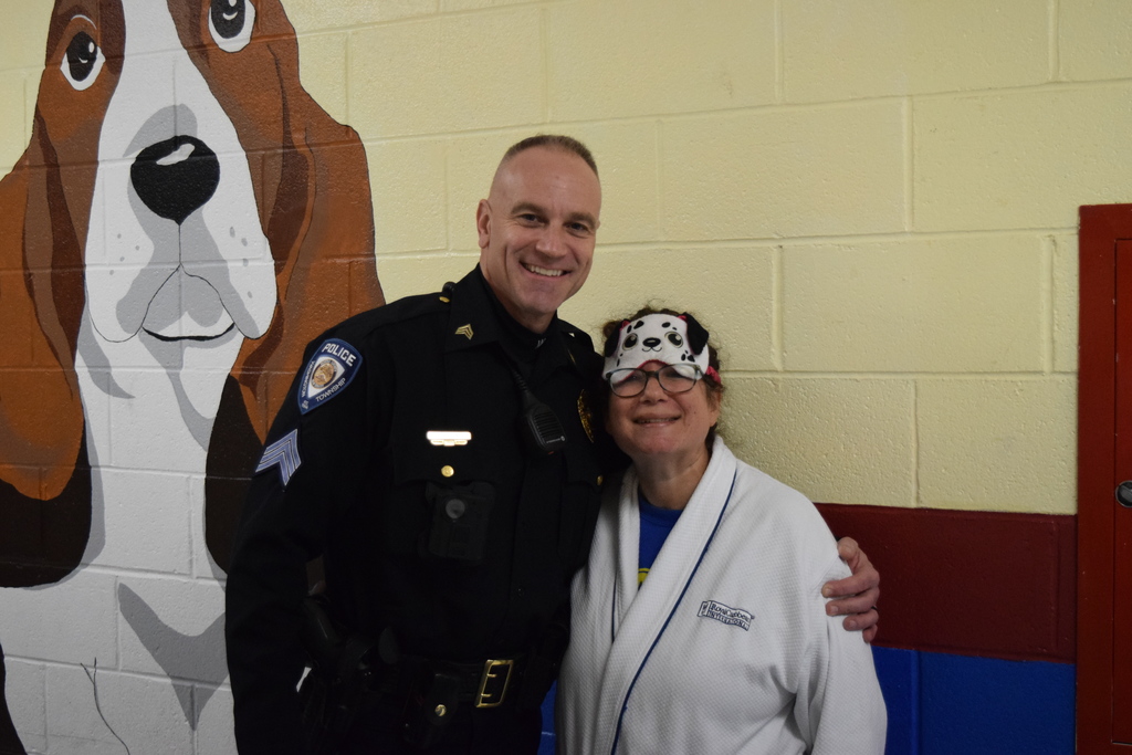 Officer Rob and Mrs. Harvey on Pajama Day